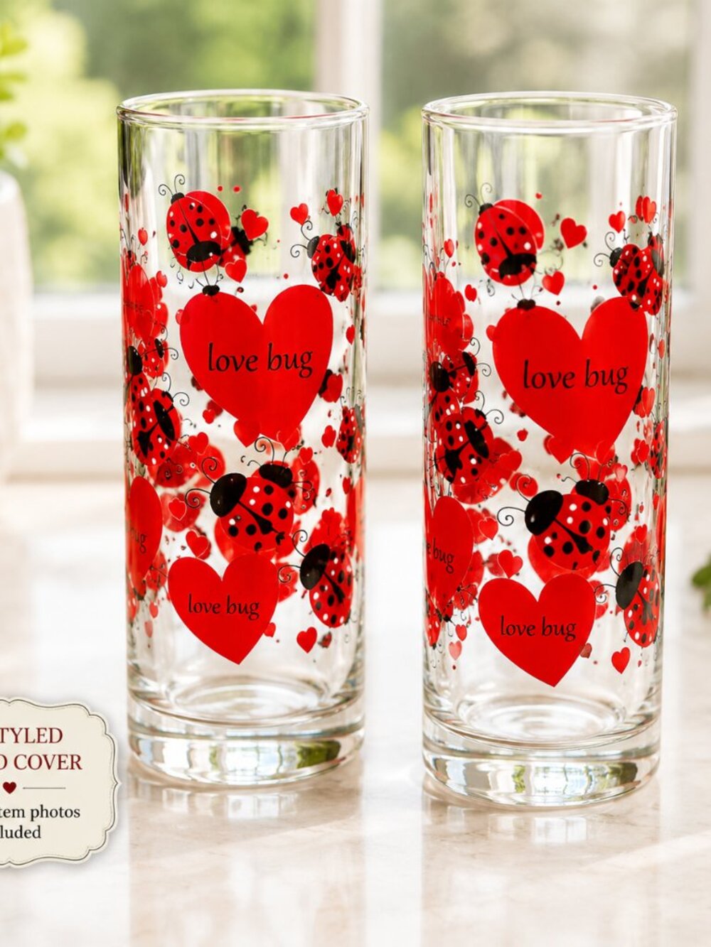 VTG Indiana Glass Lovebug Crystal Cylinders #31136 Hearts Ladybugs Set of 2